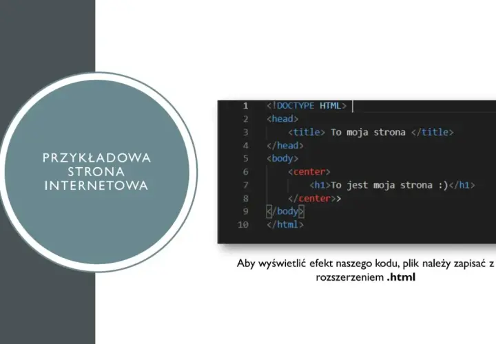 Fragment kodu HTML z tekstem "Przykładowa strona internetowa" na tle.